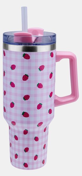 Sinsay - Hőtartó bögre füllel és szívószállal eper mintával - pasztellpink