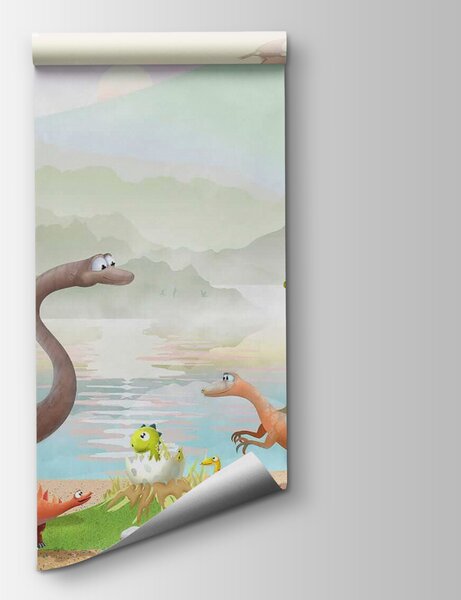 Fotótapéta Dinoszauruszok csoportja egy tó mellett, Gyerekszoba fotótapéta, Népszerű fotótapéta, u60040 - Tapeko.hu