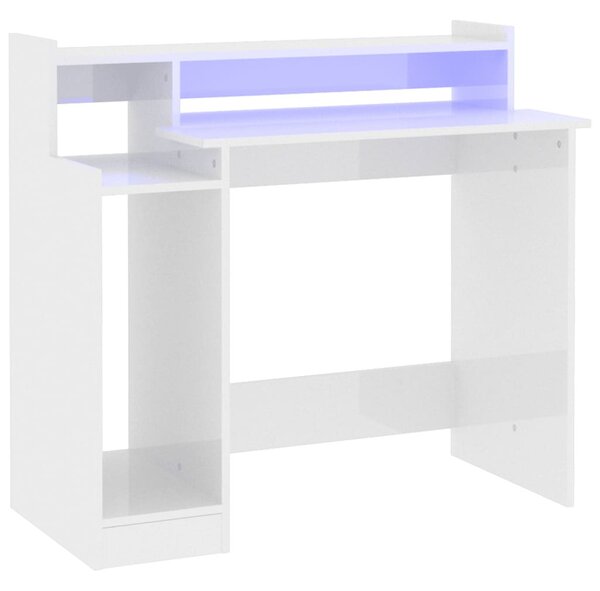 Magasfényű fehér szerelt fa íróasztal LED-ekkel 97 x 45 x 90 cm