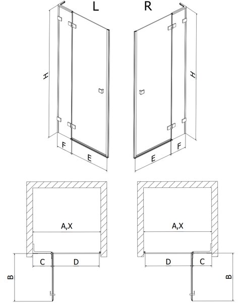 Mexen, Mexen Lunar L bal oldali billenő zuhanyajtó 130 cm, átlátszó, szálcsiszolt szürke-fekete - 834L-130-000-66-00-L