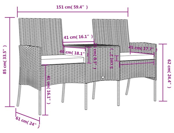 Kétszemélyes antracitszürke polyrattan kanapé teázóasztallal