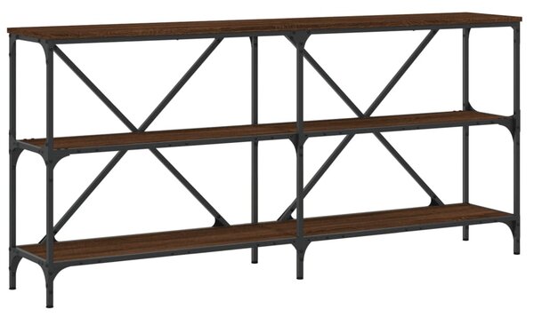 Barna tölgyszínű szerelt fa és vas tálalóasztal 160x30x75 cm