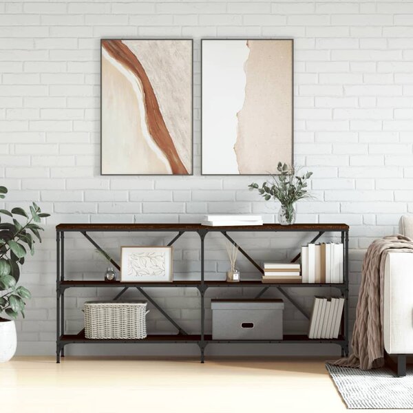 Barna tölgyszínű szerelt fa és vas tálalóasztal 160x30x75 cm