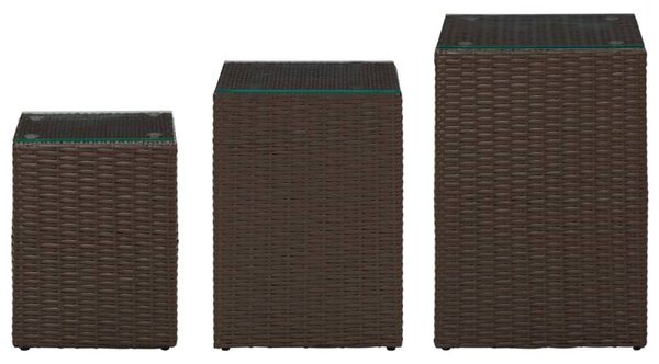 3 db barna polyrattan kisasztal üveg asztallappal