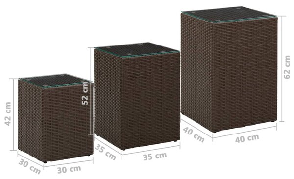 3 db barna polyrattan kisasztal üveg asztallappal