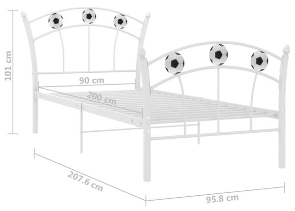 Fehér fém ágykeret focis dizájnnal 90 x 200 cm