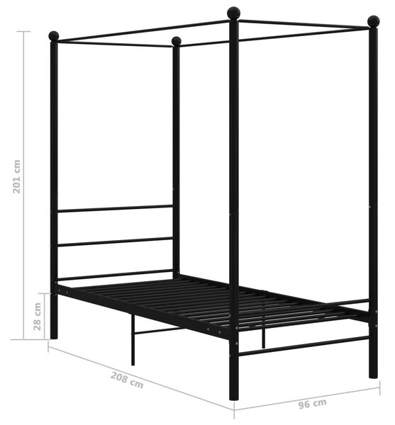 Fekete fém baldachinos ágykeret 90 x 200 cm