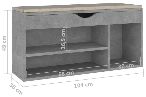 Betonszürke szerelt fa cipőtároló pad párnával 104 x 30 x 49 cm