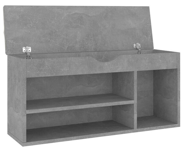 Betonszürke szerelt fa cipőtároló pad párnával 104 x 30 x 49 cm