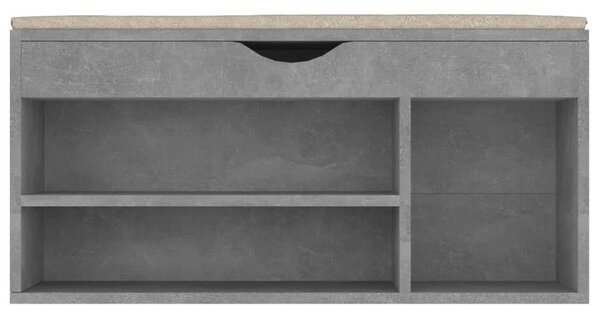Betonszürke szerelt fa cipőtároló pad párnával 104 x 30 x 49 cm