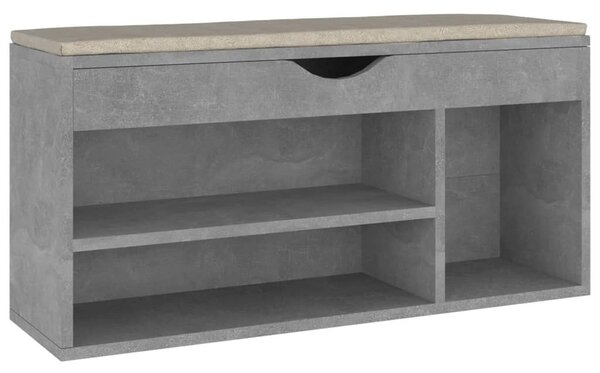 Betonszürke szerelt fa cipőtároló pad párnával 104 x 30 x 49 cm