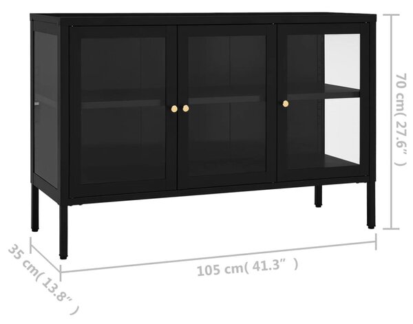 Fekete acél és üveg tálalószekrény 105 x 35 x 70 cm