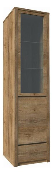 KONDELA Vitrín szekrény 1- kihúzható fiókkal és osztot ajtóval-teljessen üvegezett, tölgyfa lefkas, MONTANA W1D