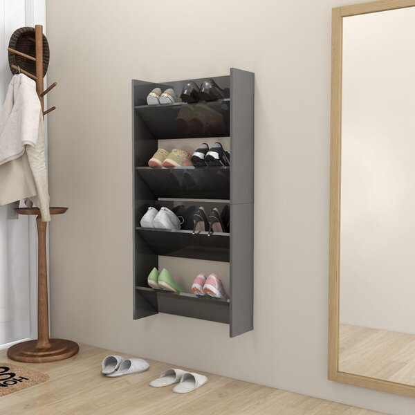 2 db magasfényű szürke szerelt fa fali cipősszekrény 60x18x60cm