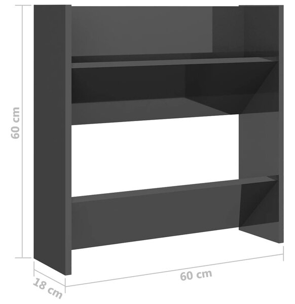 2 db magasfényű szürke szerelt fa fali cipősszekrény 60x18x60cm