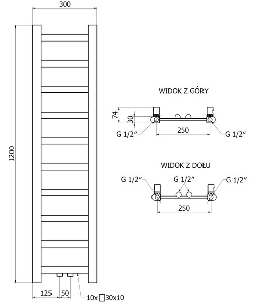Mexen csavar, fűtőelem 1200 x 300 mm, 240 W, alul és középen, antracit, W126-1200-300-00-66
