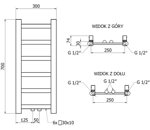 Mexen csavar, fűtőelem 700 x 300 mm, 141 W, alul és középen, fehér, W126-0700-300-00-20