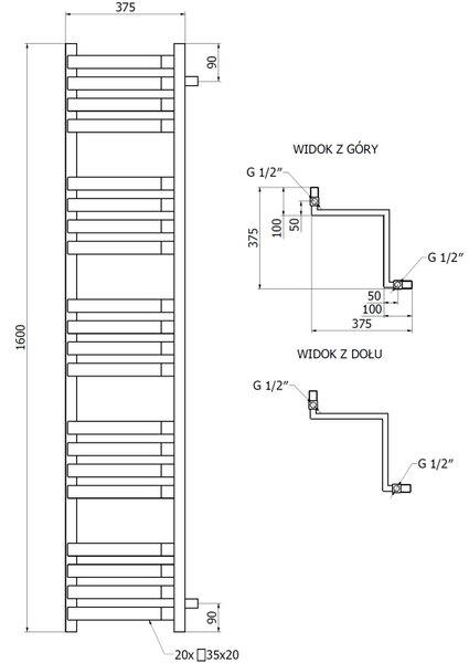 Mexen Loop, fürdőszobai radiátor 1600 x 375 mm, 837 W, grafit, W129-1600-350-00-66