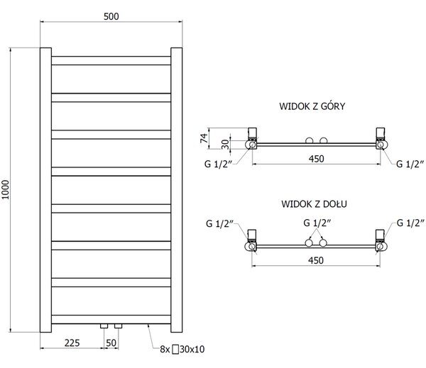 Mexen csavar, fűtőelem 1000 x 500 mm, 259 W, alul és középen, fehér, W126-1000-500-00-20