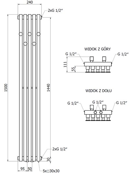 Mexen, Mexen Flux dekoratív fürdőszobai radiátor 1500 x 240 mm, 450 W, fekete - W127-1500-240-00-70