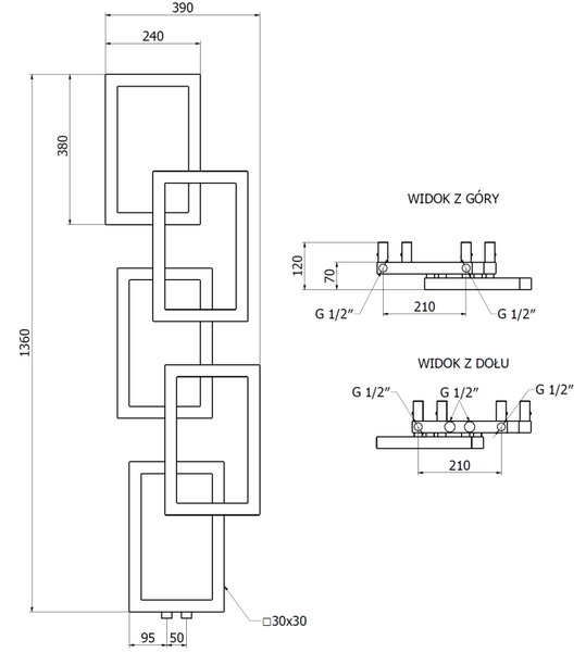 Mexen Grid, dekoratív fürdőszobai radiátor 1360 x 390 mm, 349 W, fekete, W215-1360-390-00-70