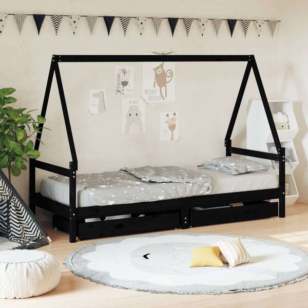 VidaXL fekete gyerek tömör fenyőfa ágykeret fiókokkal 90 x 200 cm