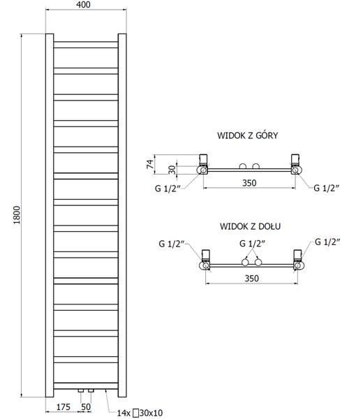 Mexen csavar, fűtőelem 1800 x 400 mm, 406 W, alul és középen, antracit, W126-1800-400-00-66