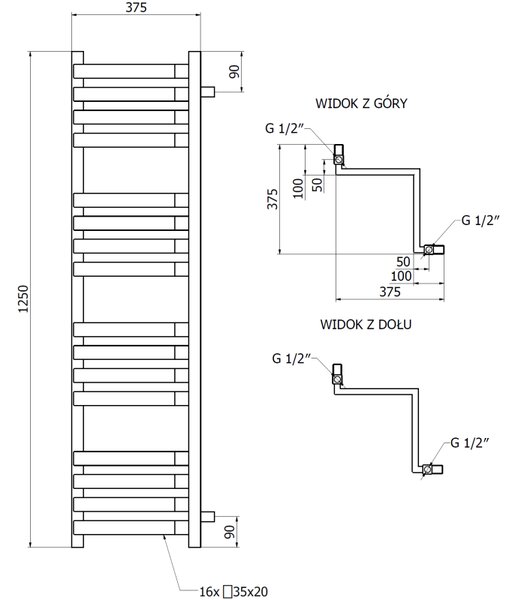Mexen Loop, fürdőszobai radiátor 1250 x 375 mm, 666 W, grafit, W129-1250-350-00-66