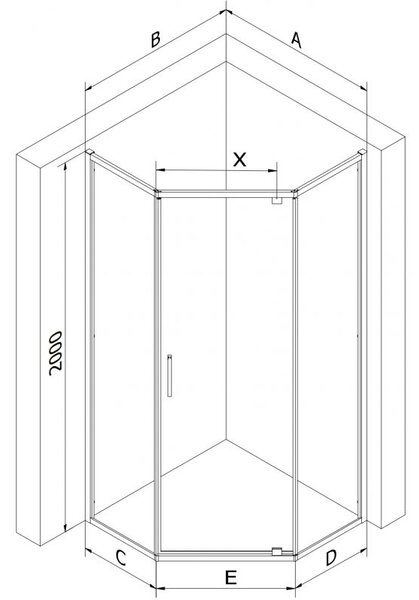 Mexen Exo ötszögletű zuhanykabin, nyíló ajtós, 90 x 90 cm, átlátszó, fekete - 812-090-090-70-00