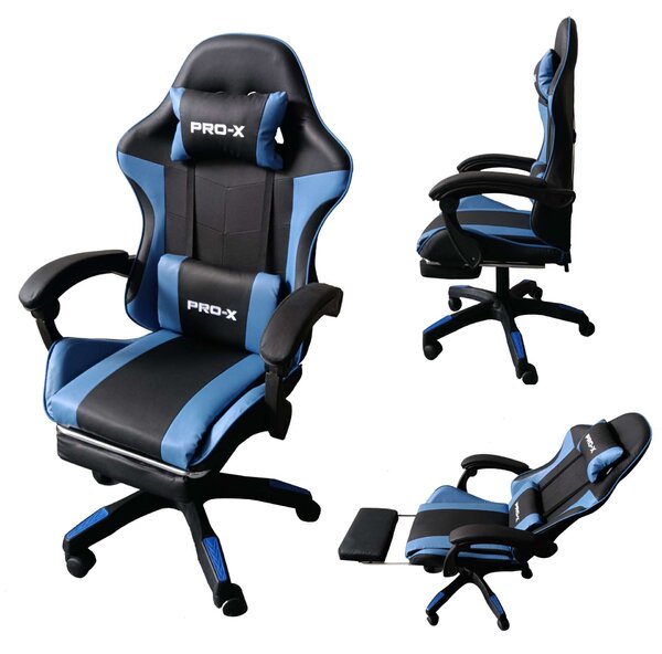PRO-X öko bőr dönthető Gamer szék lábtartóval és derékpárnával - fekete-kék
