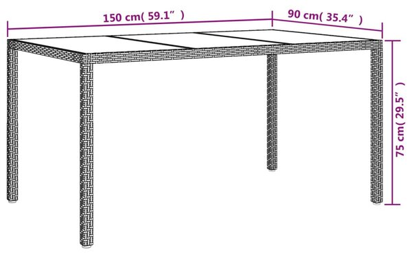 Szürke polyrattan és edzett üveg kerti asztal 150 x 90 x 75 cm