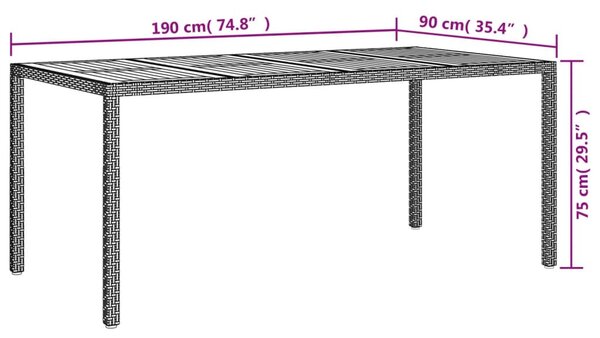 Szürke polyrattan és akácfa kerti asztal 190 x 90 x 75 cm