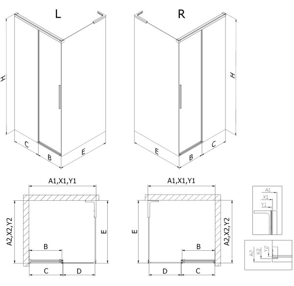 Mexen Rox, L tolóajtós zuhanykabin 120 x 120 cm, 8 mm-es átlátszó üveg, matt fekete profil, 8C2L-120-120-70-00