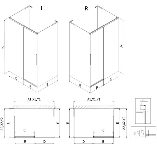 Mexen Rox-3S L 3 oldalas tolóajtós zuhanykabin 100 x 70 cm, átlátszó, arany - 8C2L-100-070-50-00-3S