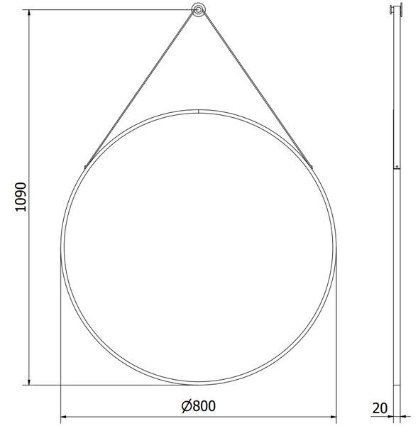 Mexen String, kerek fürdőszobai tükör csíkon 80 cm, keret színe fekete matt, 9854-080-080-000-70