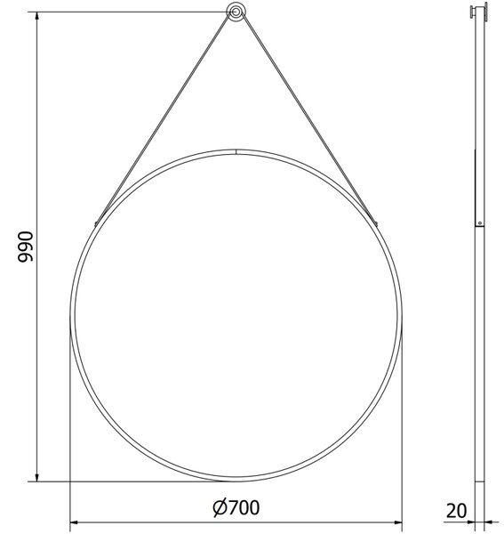 Mexen String, kerek fürdőszobai tükör csíkon 70 cm, keret színe fekete matt, 9854-070-070-000-70