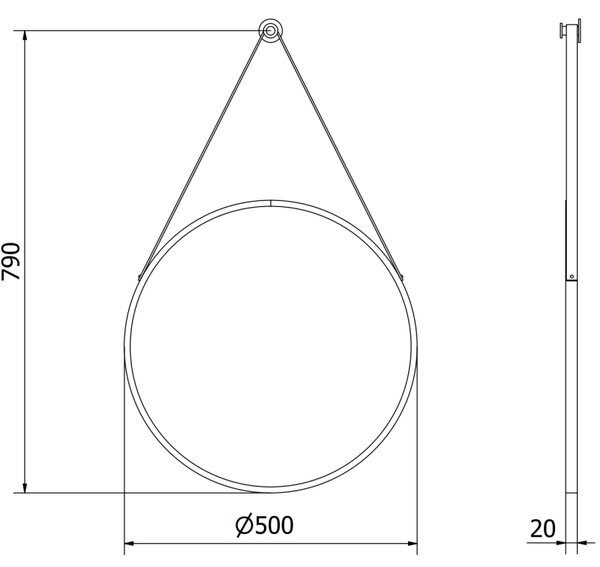 Mexen String, kerek fürdőszobai tükör csíkon 50 cm, keret színe fekete matt, 9854-050-050-000-70