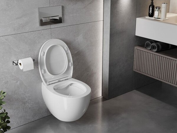 Mexen Egg perem nélküli WC-csésze lassan csukódó, vékony duroplast tetővel, fényes fehér - 30245000