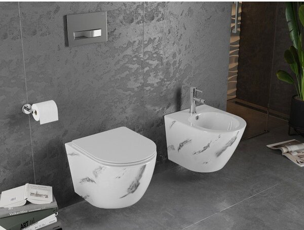 Mexen Lena perem nélküli WC-csésze lassan csukódó, vékony ülőkével, duroplast, fehér kő - 30224092