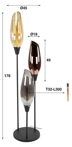 Zijlstra Álló lámpa Mixture, 178 cm, többszínű, 3 izzós üveg/fém, Többszínű, Nappali / Étkező, Üveg, Modern