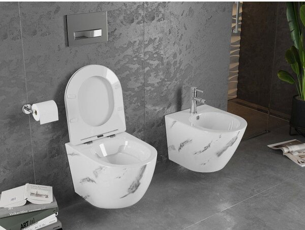 Mexen Lena perem nélküli WC-csésze lassan csukódó, vékony ülőkével, duroplast, fehér kő - 30224092