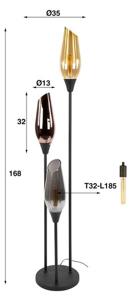 Zijlstra Álló lámpa Mixture, 168 cm, többszínű, 3 izzós üveg/fém, Többszínű, Nappali / Étkező, Üveg, Modern