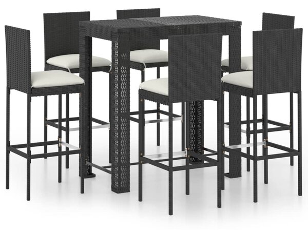 7 részes fekete polyrattan kültéri bárszett párnákkal