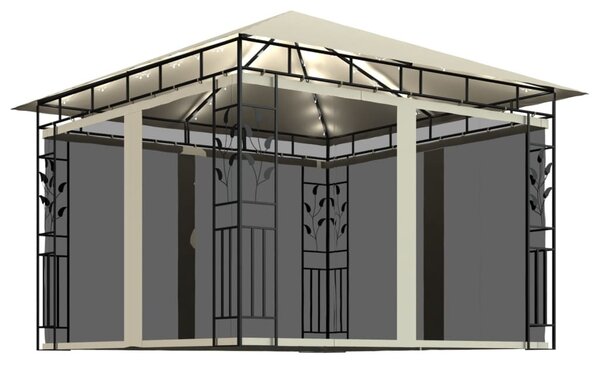 Krémszínű pavilon szúnyoghálóval/LED fényfüzérrel 3x3x2,73 m