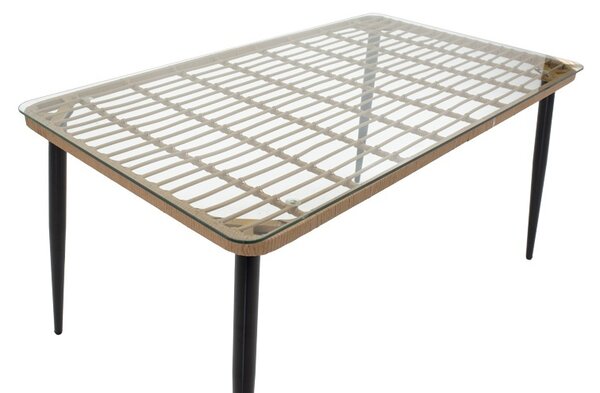 Kerti asztal és szék szett, Naoki U, natúr rattan/fekete fém, 160x90x78 cm, 5 db-os