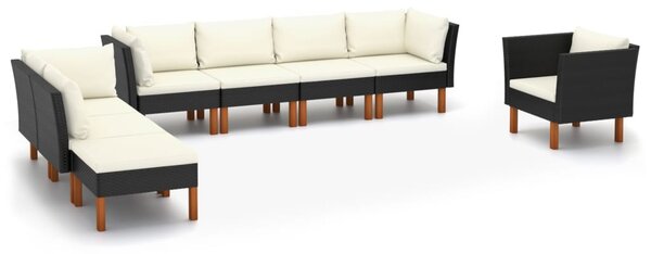 8 részes fekete polyrattan és eukaliptuszfa kerti ülőgarnitúra