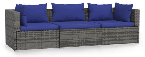 3 személyes szürke polyrattan kanapé párnákkal