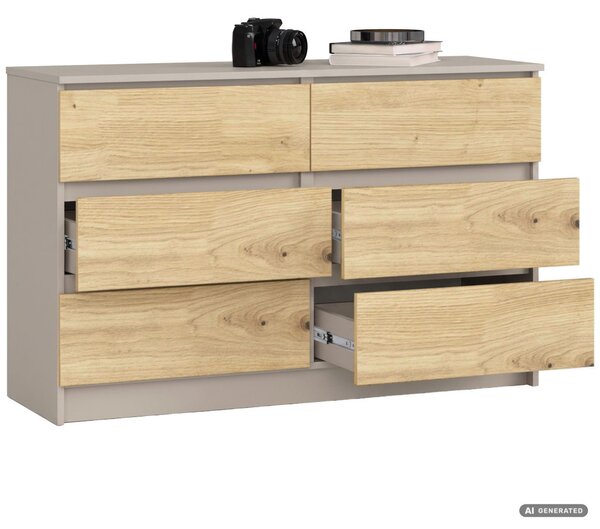 AKORD CLP K120 Komód Laminált Forgácslap Kasmír / Artisan Tölgy 6 Fiókos