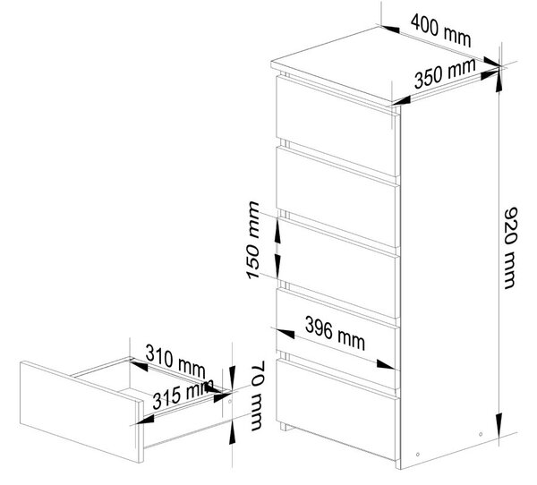AKORD CLP CL5 Komód Laminált Lap Kasmír / Artisan Tölgy 5 Fiókos