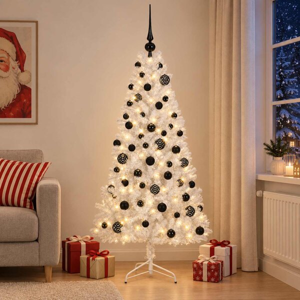 Műkarácsonyfa gömbbel 210 cm 300 LED Meleg fehér PVC és fém